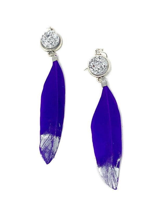 Purple and Silver Feather Earrings
