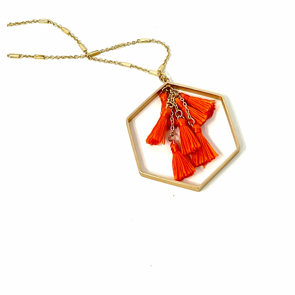Orange Hexagon Tassel Long Necklace