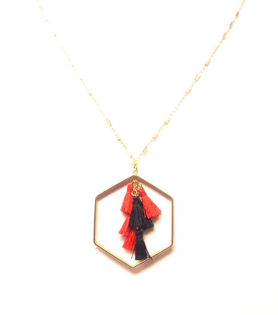 Black & Red Hexagon Tassel Long Necklace