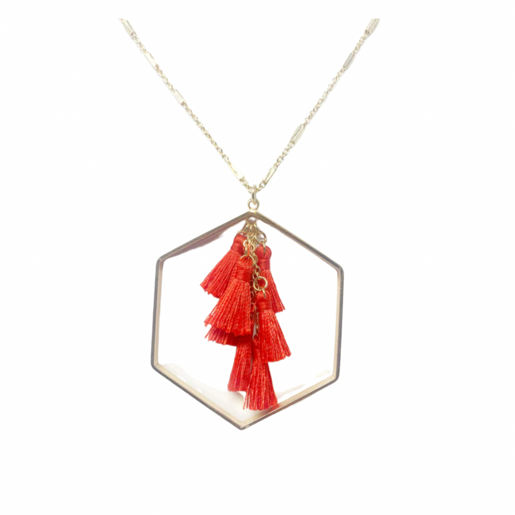 Red Hexagon Tassel Long Necklace