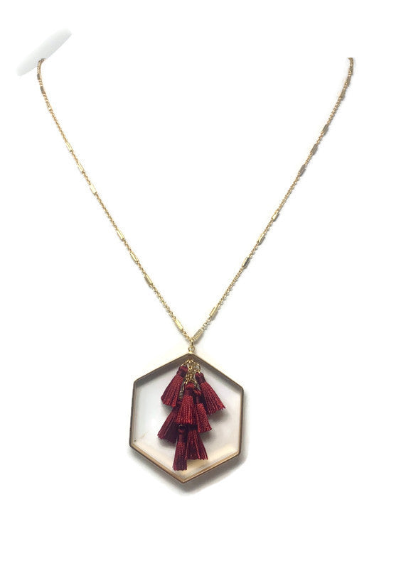 Maroon Hexagon Tassel Long Necklace