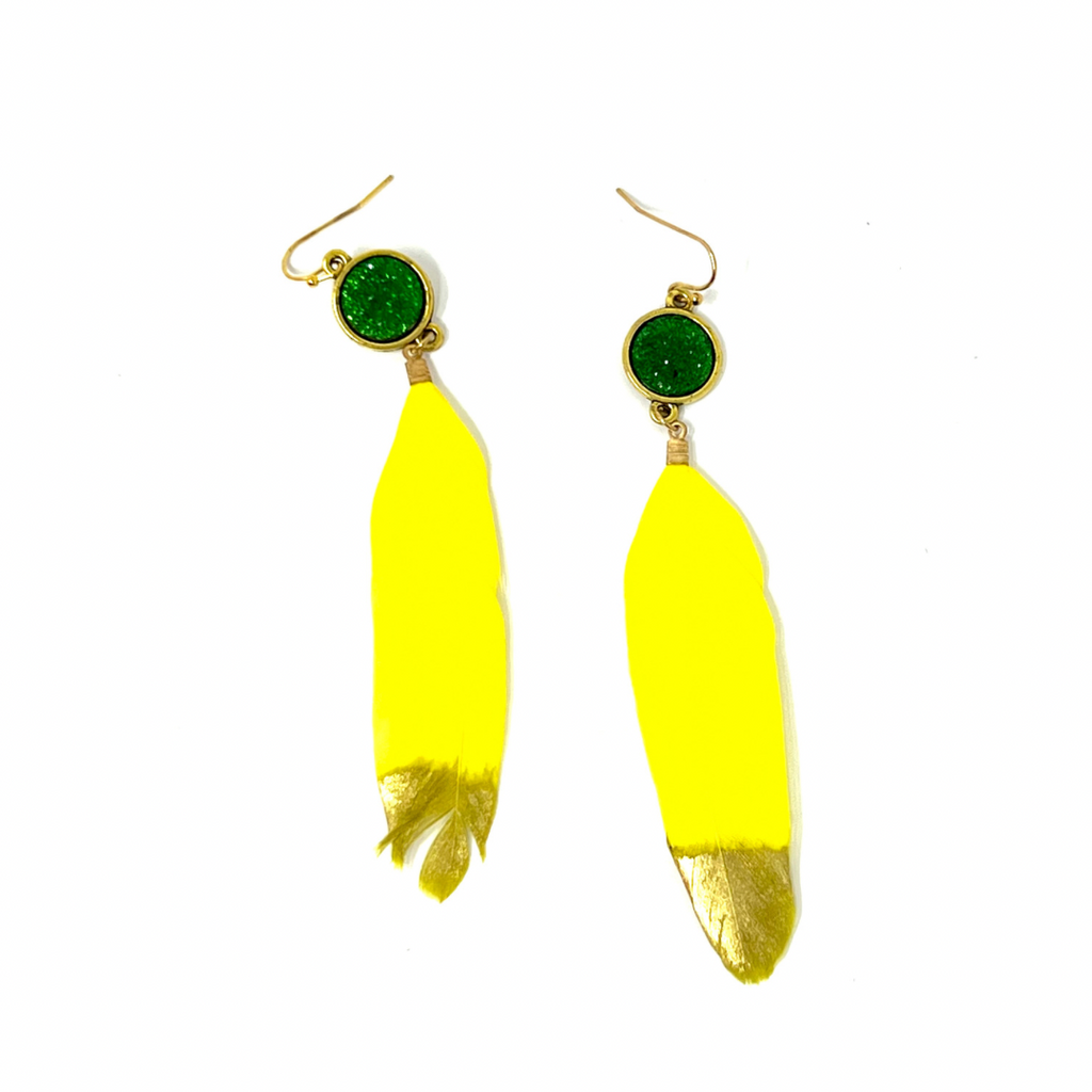 Gold and Green Feather Earrings