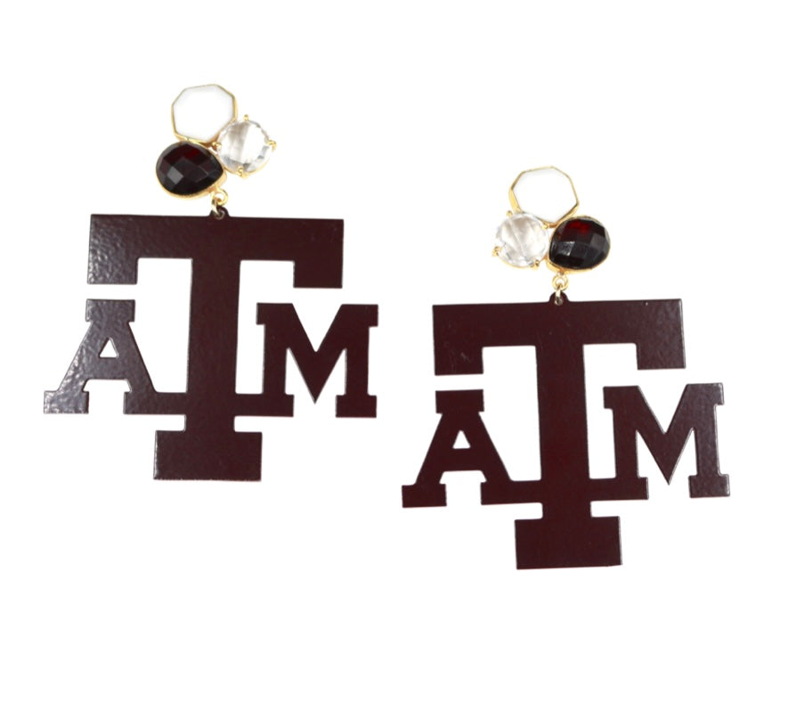 Texas A&M Maroon Metal Earrings with Gemstone Topper